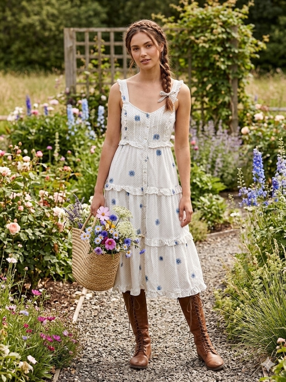 Free People Daisy Chain Embroidered Midi Dress White Blue Dot Tiered Ruffle XS
